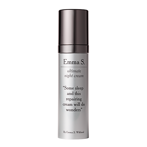 A tall, silver bottle with black cap, labeled 'Emma S. ultimate night cream' and a quote about sleep benefits.