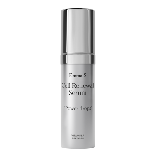A silver pump bottle labeled Emma S Cell Renewal Serum with Vitamin A Peptides and Power Drops against a black background.