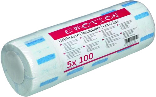 A roll of medical neck paper with blue and white patterns, labeled "Eureon," for neck support. 5x100 size.