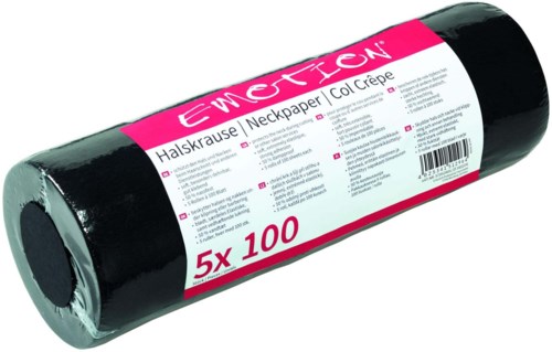 A black roll of neck protection fabric with a pink and white label showing size 5x100 and text in multiple languages.