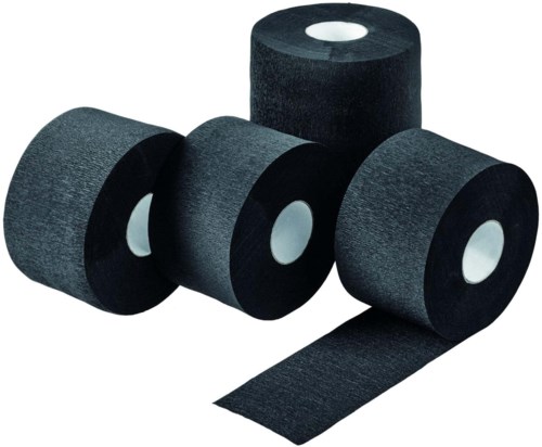Four black rolls of fabric or material, with one partially unrolled, showing a textured surface.