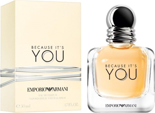 Ein Parfümflasche und eine Verpackung mit dem Etikett 'Because It's You' von Emporio Armani.