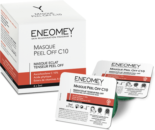 Een doos en twee kleine zakjes van ENOMEY peel-off masker voor huidverjonging, met alcohol en vitamine E.
