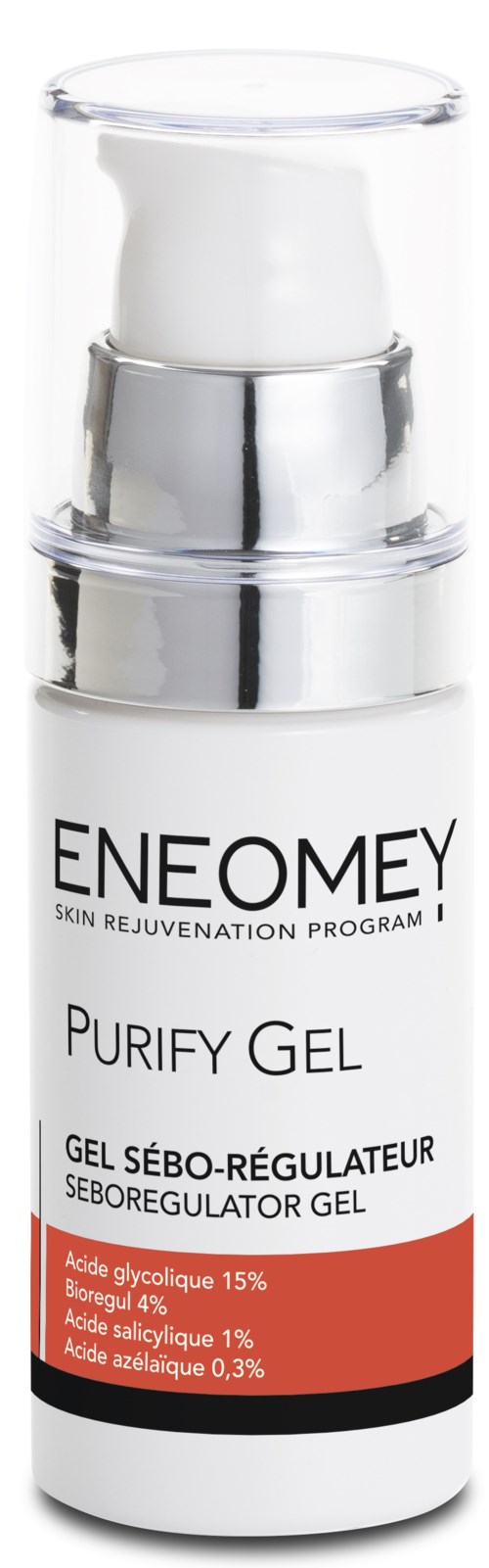 Een kleine witte fles met opdruk Eneomey Purify Gel met een zilveren pomp en rode en zwarte tekst.