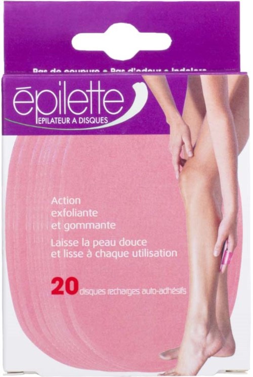Packaging for a product that exfoliates skin with 20 replaceable disc wax strips.