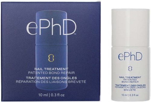 A blue box and white bottle of ePhD nail treatment with bond repair, 10 ml size, label details visible.