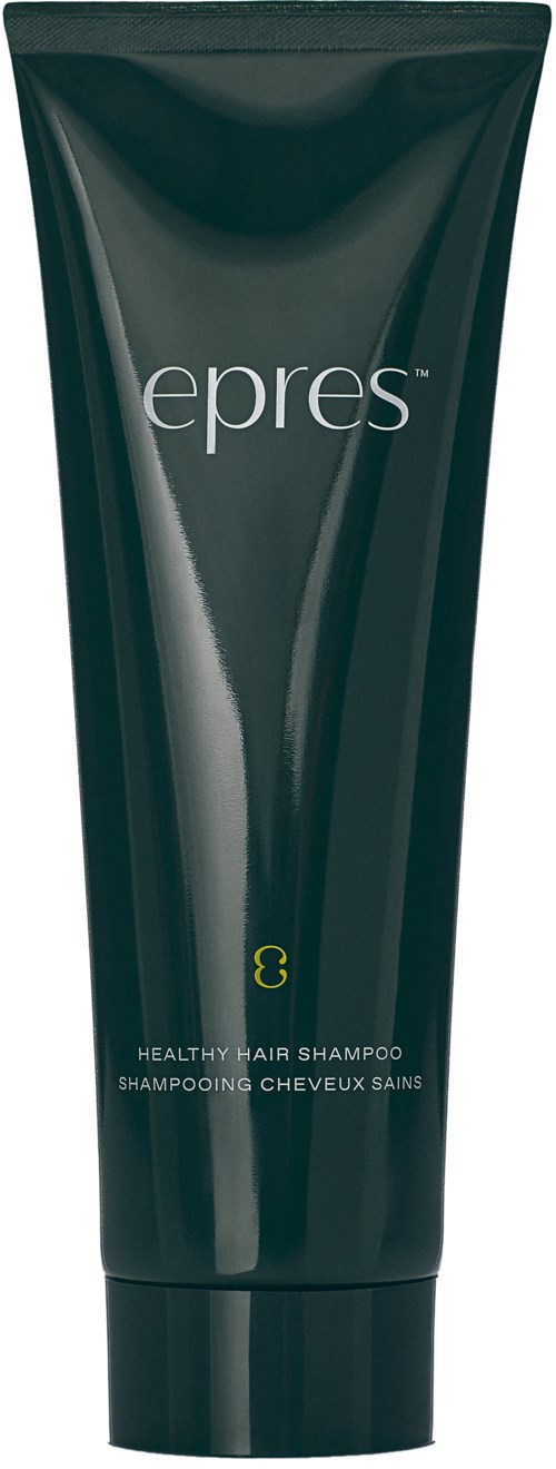 A dark green tube labeled 'epres,' a healthy hair shampoo, with a yellow '3' on the tube.