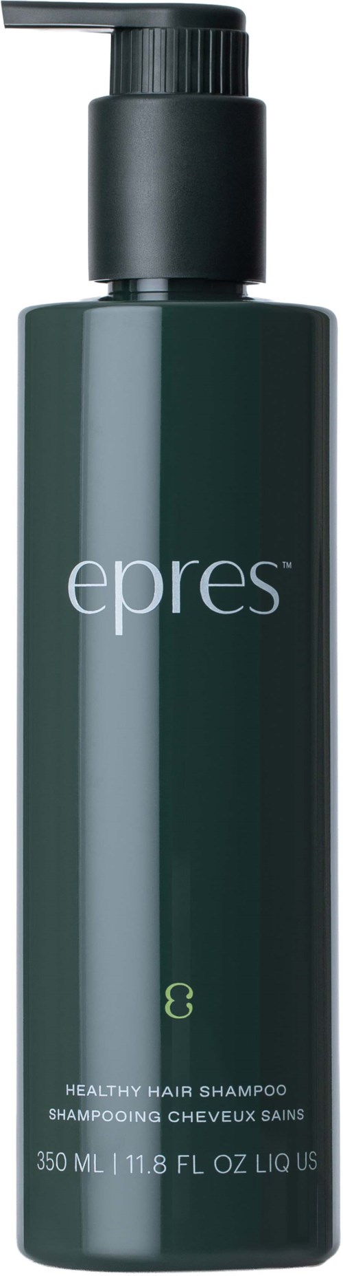 A dark green bottle with a pump, labeled Epres, safe hair shampoo, 350 ml.