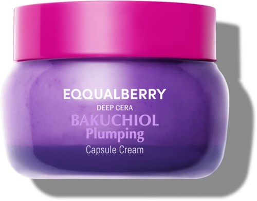 Een paarse pot met roze deksel, gelabeld EQUALBERRY Deep Cera Bakuchiol Plumping Capsule Cream.