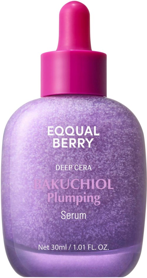 Een paarse druppelflasje met label 'EQUAL BERRY' bevat serum, met woorden zoals 'Deep Cera' en 'Plumping'.