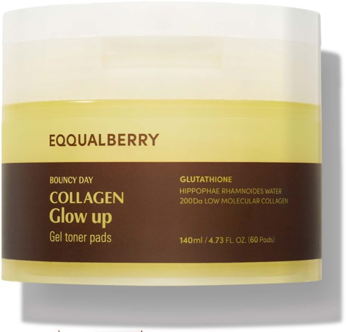 Een container van collagen glow-up geltoner pads met cheeseberry geur, voor huidverzorging, bevat 60 pads.