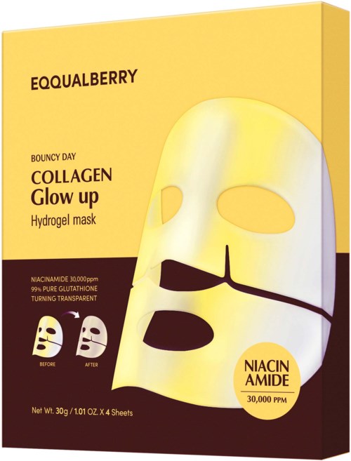 Een gele doos met een hydrogelmasker genaamd Collagen Glow Up, met een maskerillustratie en kleine voor-en-na foto's.