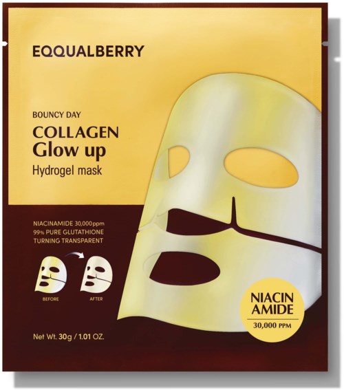 Huidverzorgingsmasker met 'Collagen Glow Up', met niacinamide en glutathion, toont voor en na effecten.