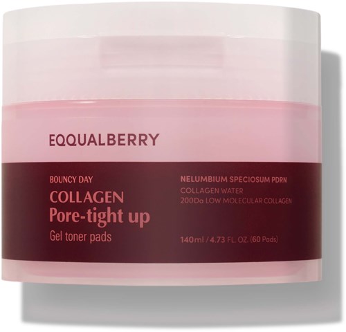 Roze en donkerrode container voor collageengeeltoner pads, gelabeld 'Pore-tight up' door EQUALBERRY.