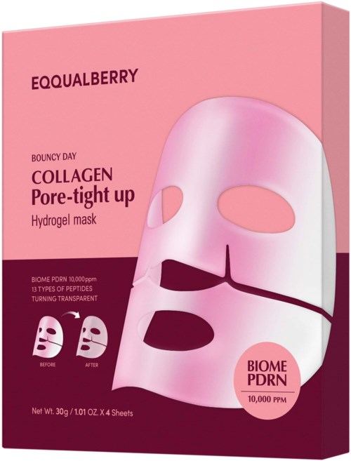 Een roze doos met een gezichtsmaskerillustratie, productnaam en huidvoordelen. Bevat 4 maskersheets.