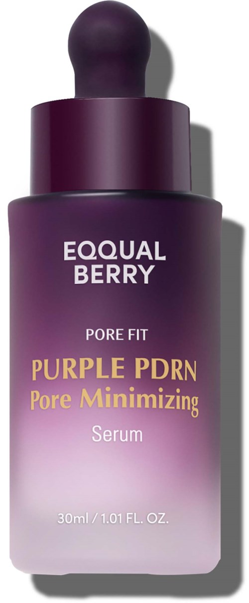 Lila fles met porevervaghende serum, donkerpaarse dop en verloop van roze naar paars label.