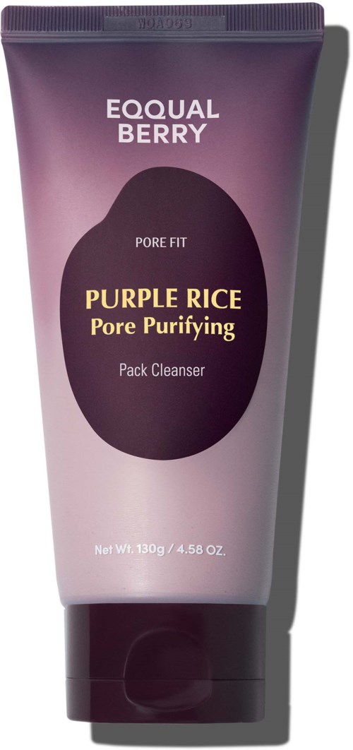 Lila tube met pore cleanser met witte en gele tekst, gelabeld 'Equal Berry', 'Purple Rice' en 'Pore Purifying'.