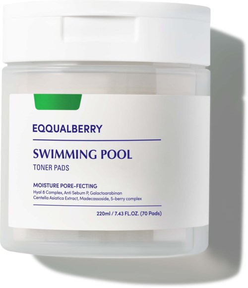 Witte container met groen en paarse label voor zwembad toner pads, 220ml, 70 pads.
