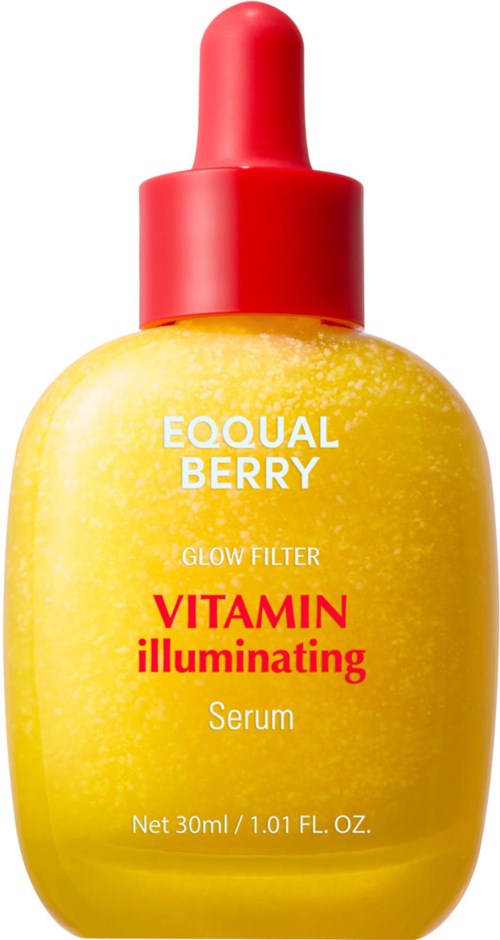 Een gele fles met pipetje toont vitamine-verlichtend serum van Equal Berry. Het is 30 ml groot.