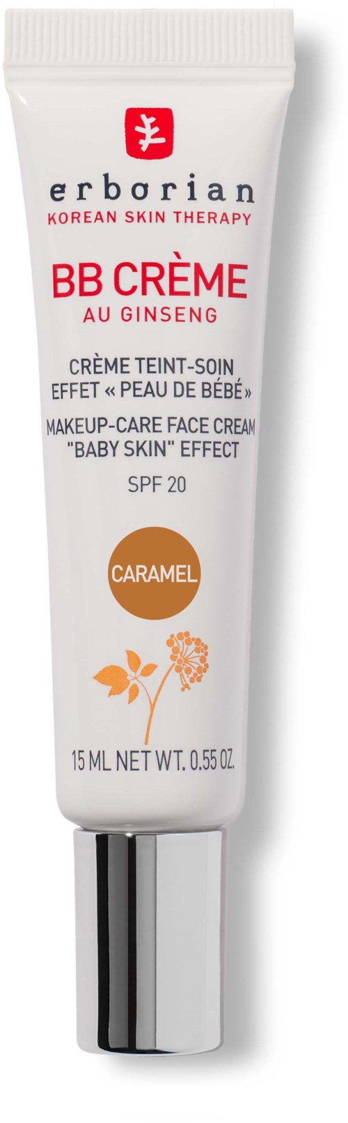En vit tub med silverlock, märkt för koreansk hudvård och karamell doft, SPF 20. Modern design.