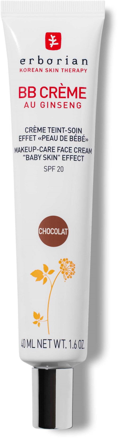 Valkoinen putki mustalla korkilla, merkattu korealaiseksi ihohoitovoiteeksi vauvan iholle, ginsengillä ja SPF 20:llä.