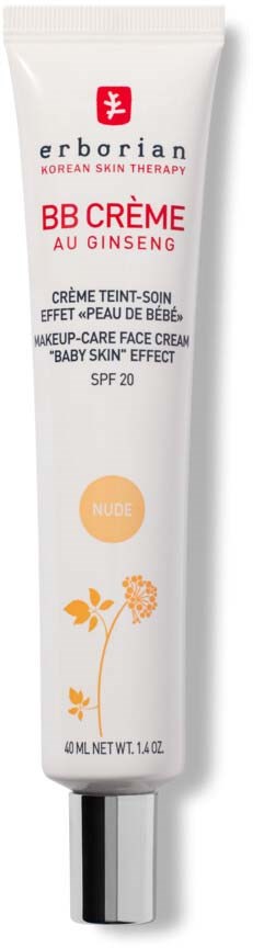 A white tube of Erborian BB cream with red and black text, orange flower graphic, and a silver cap.