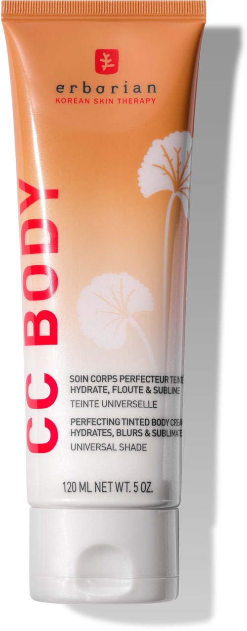 Eine Tube mit Körpercreme, orange Farbverlauf, weiße Blumen, rote und schwarze Schrift für Hautpflege. Es ist von Erborian.