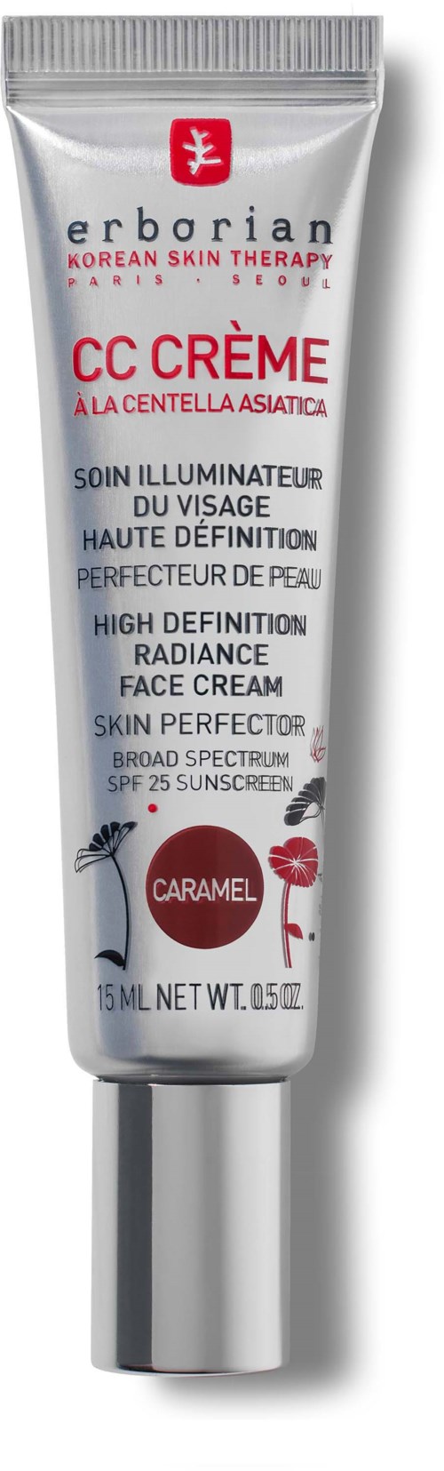 En tub med ansiktskräm med en röd och vit etikett, beskriven som högupplöst glöd med SPF 25.
