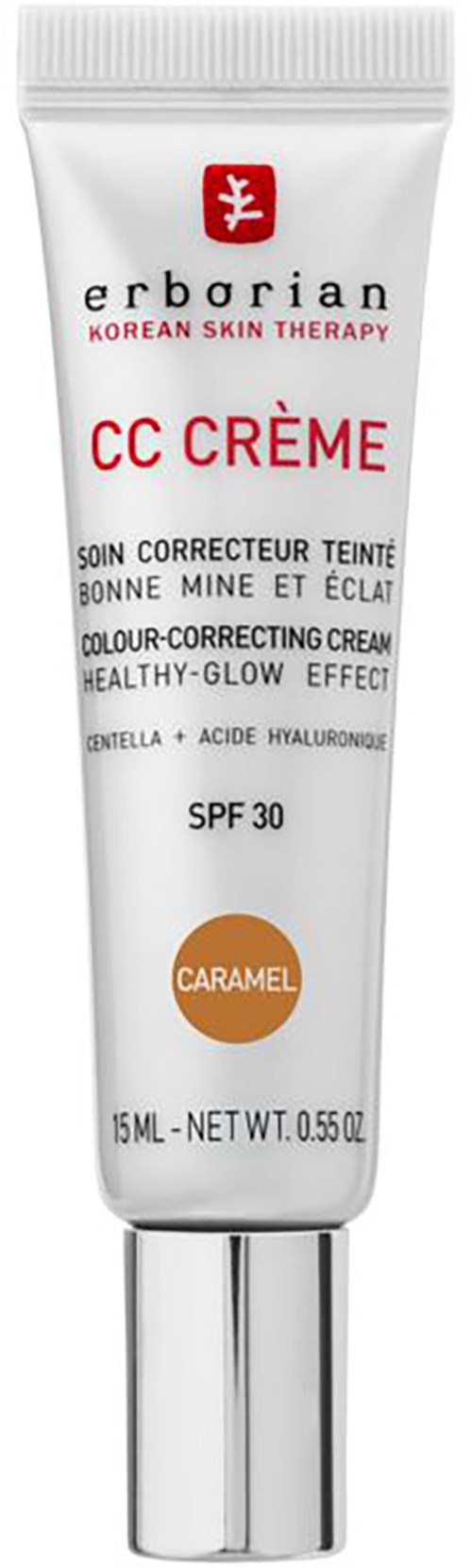 Ein weißer Tuben koreanischer Hautpflege-CC-Creme mit Karamellfarbe, SPF 30 und 15 ml.