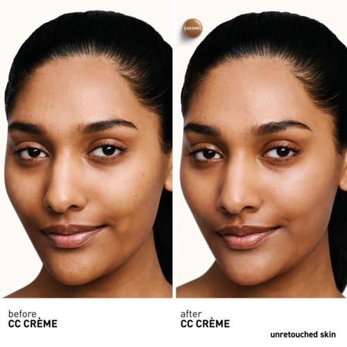 Eine Frau mit klarer, strahlender Haut vor und nach der Verwendung von CC-Creme, zeigt verbessertes Hautbild.