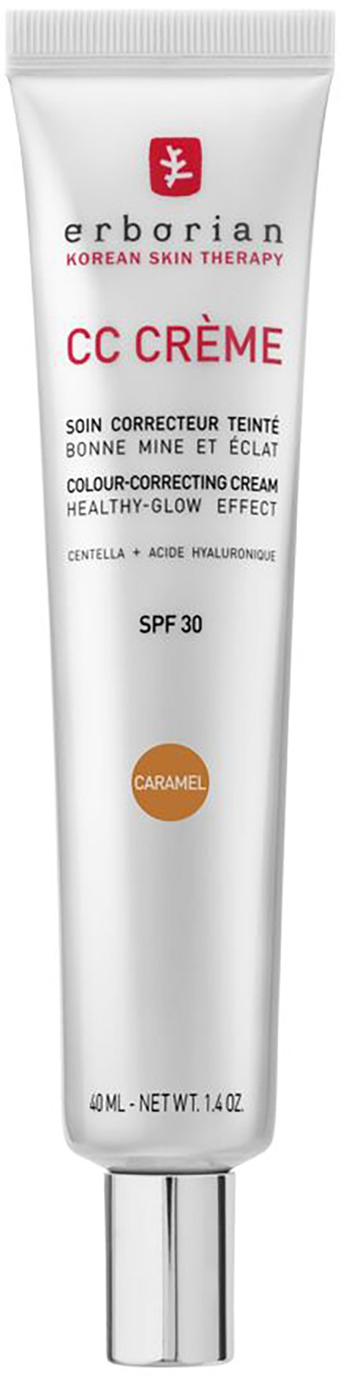 A white tube of Erborian CC cream with caramel color, SPF 30, for skin correction and glow. Text on tube explains benefits.