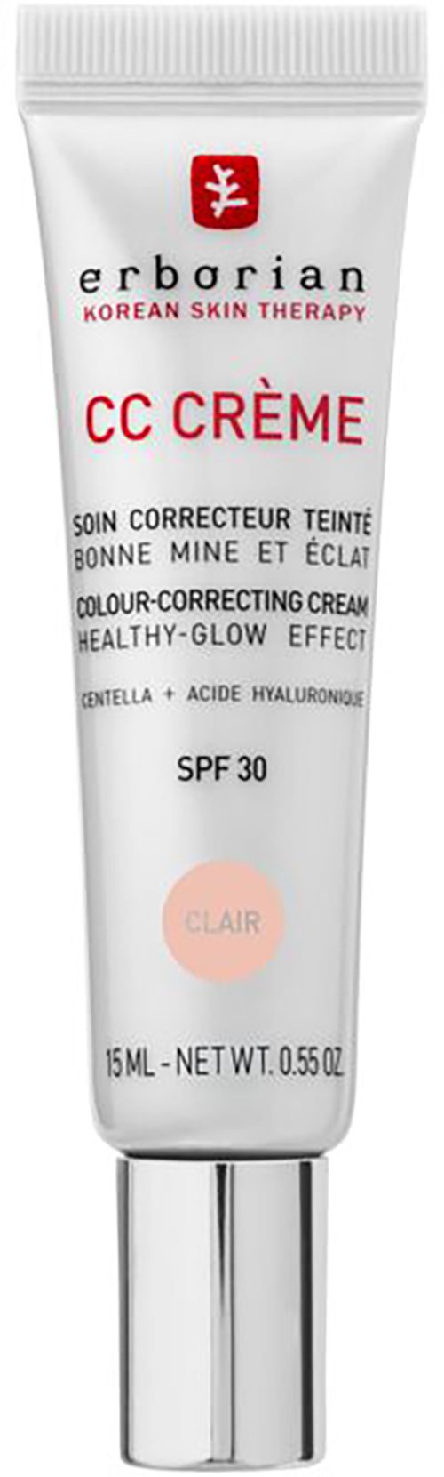 A white tube of Korean skin care product called CC Cream with SPF 30 and light color.
