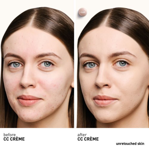 A woman with clear skin, showing before and after use of CC creme, with smoother and more even complexion.