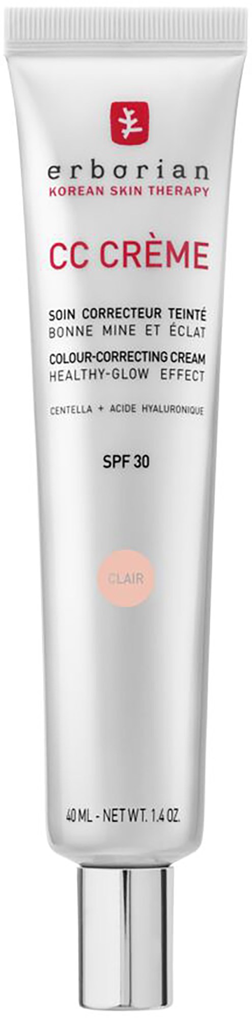 A white tube of Erborian CC Crème with SPF 30, describing it as a colour-correcting cream with a healthy glow.