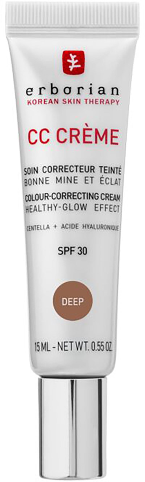 A white tube of Korean skin therapy CC Cream with SPF 30, named 'Deep', contains 15 ml for skin correction.