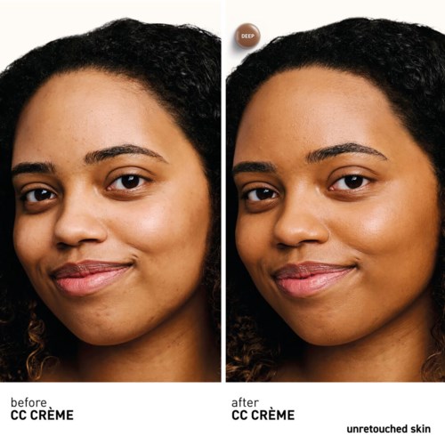 Before and after images show skin improvement with CC Creme, smooth and even skin tone, lighter dark spots.