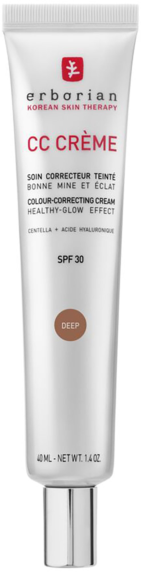 A white tube of skincare cream labeled Erborian CC Crème, with SPF 30, designed for skin correction and glow.
