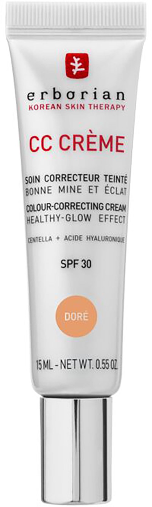 A white tube with a red logo at the top, labeled Erborian CC Creme, with SPF 30 and a peach-colored circle.