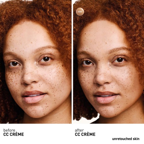 A woman with curly red hair and many freckles, showing before and after using CC cream for skin improvement.