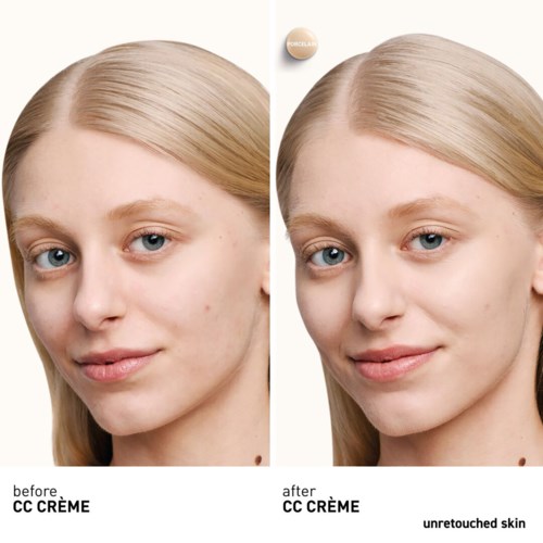 Ein Seiten-gegen-Seiten-Vergleich zeigt Haut vor und nach CC-Creme, mit klarerer, glatterer Haut im Nachherbild.
