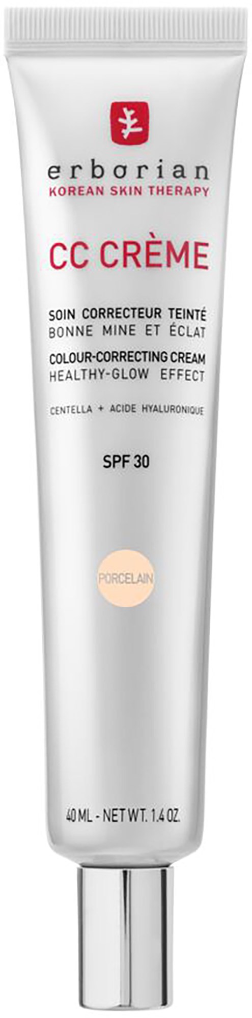 A white tube of Erborian CC Cream with SPF 30, labels in red and black, and a silver cap.