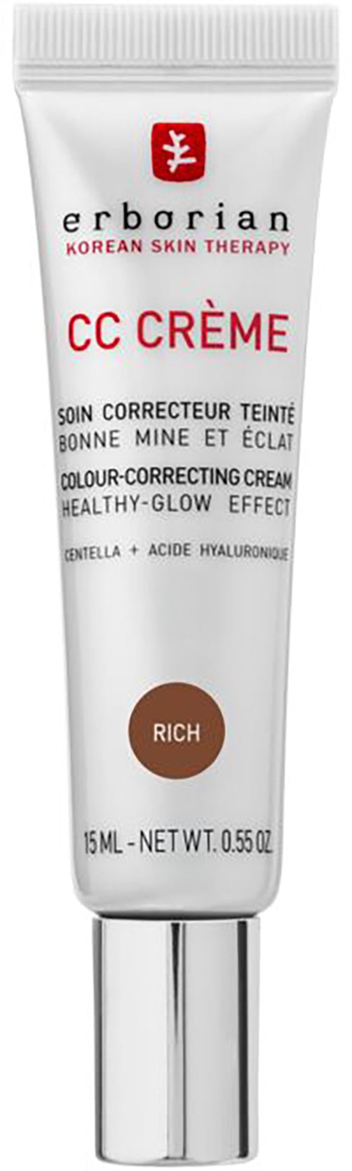 A white tube with a red and black Erborian logo, labeled as Korean skin therapy CC cream, with a brown circle indicating "rich".