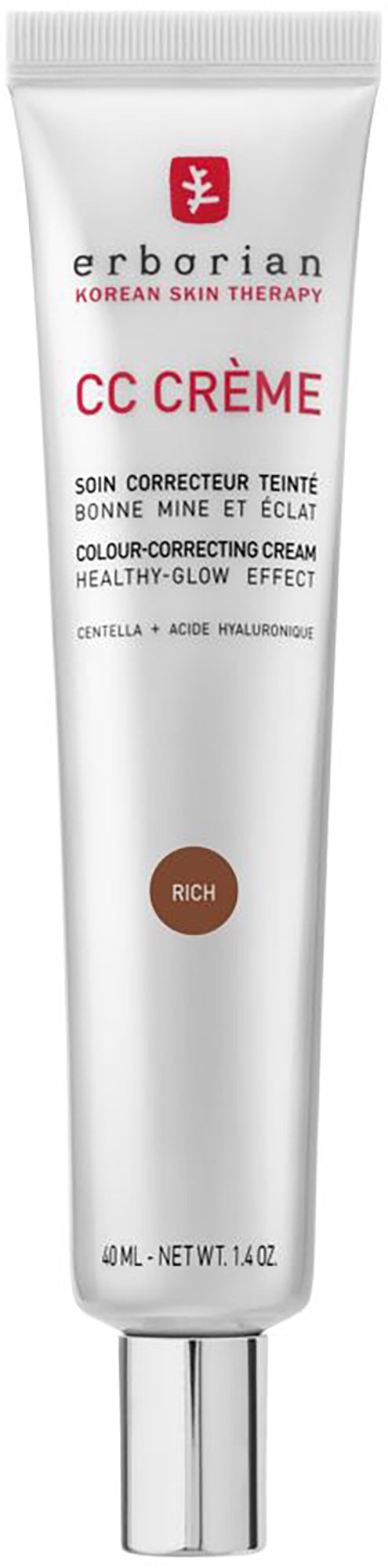 Eine weiße Tube Erborian CC Creme mit rotem und schwarzem Text, als koreanisches Hautpflegeprodukt für Farbkorrekturen bezeichnet.