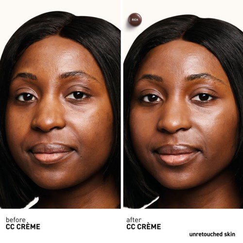 Vergleich zeigt Haut vor und nach CC-Creme, mit glatterer und gleichmäßigerer Haut nach Anwendung.