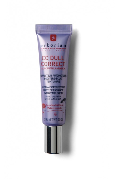 A small purple tube labeled 'Erborian CC Dull Correct' with red and white text, and a silver cap.