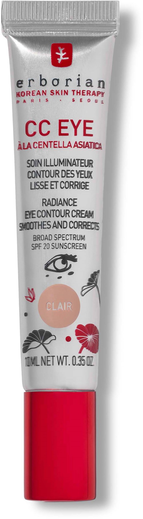 A tube of Erborian CC Eye cream with red and white packaging, featuring Asian flowers and an eye illustration.