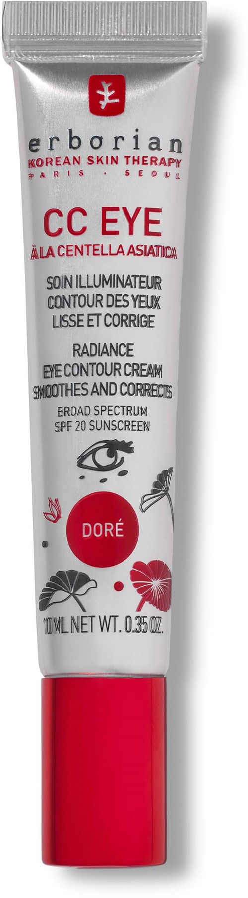 A tube of Erborian CC Eye cream for brightening and correcting eye area with SPF 23, in red and white packaging.