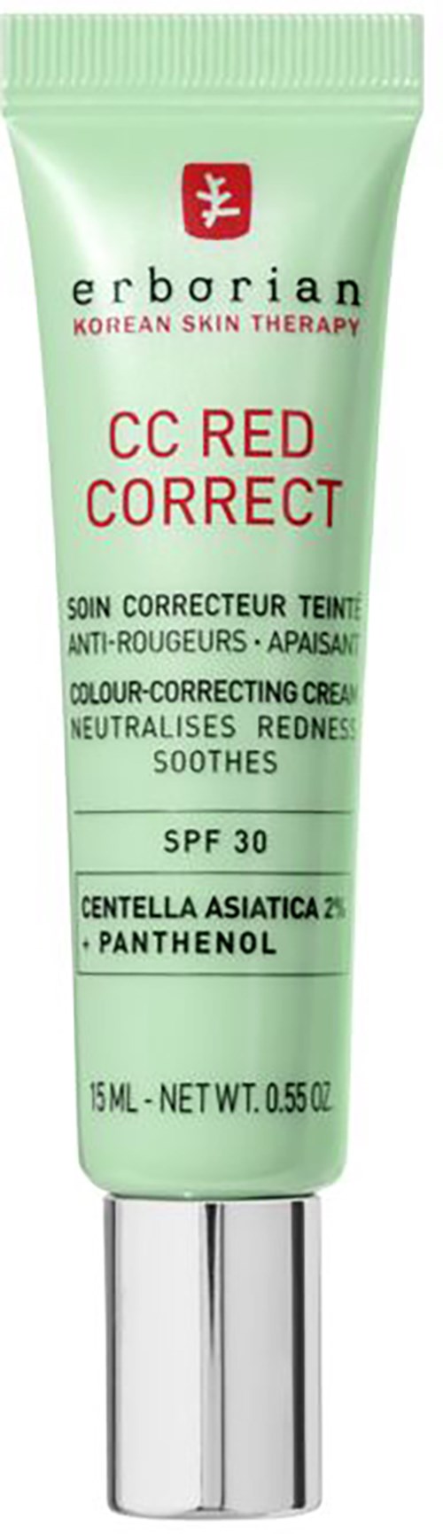 Eine grüne Tube von Erborian CC Red Correct mit SPF 30, enthält Hautpflegecreme gegen Rötungen und Farbkorrektur.