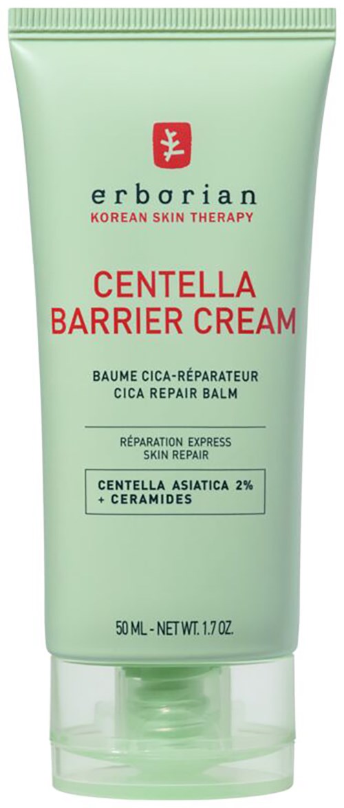 Grüne Tube mit Centella Barrier Cream, rotem und schwarzen Text und Logo. Enthält Hautreparatur-Zutaten.