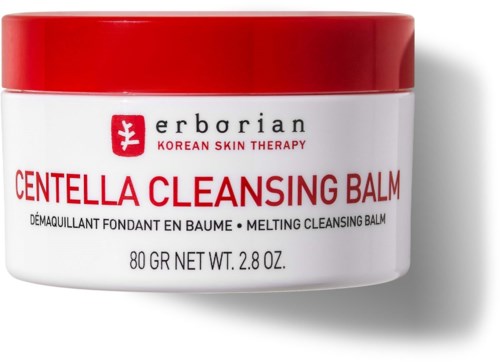 Ein weißer Behälter mit rotem Deckel enthält Erborian Centella Cleansing Balm, zum Entfernen von Make-up und Reinigen der Haut.